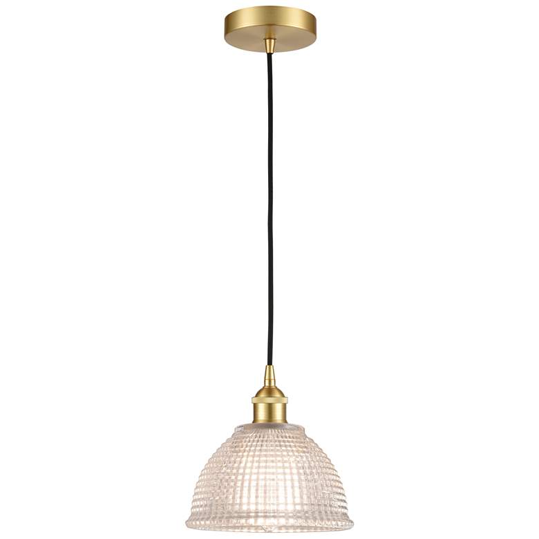 Image 1 Edison Arietta 8" Satin Gold Cord Hung Mini Pendant w/ Clear Shade