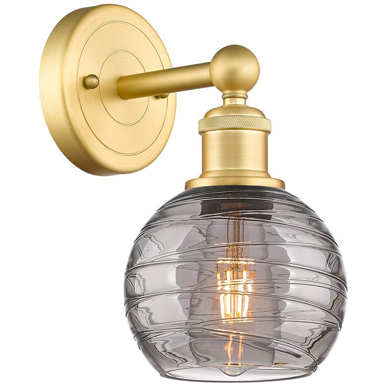 Image 1 Edison Athens 10.38" High Satin Gold Sconce w/ Light Smoke Deco Swirl