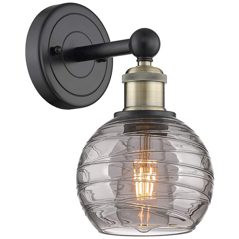 Image 1 Edison Athens 10.38"H Black Antique Brass Sconce w/ Smoke Swirl Shade