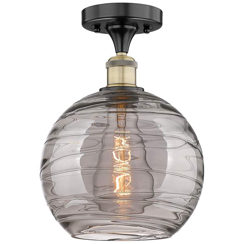 Image 1 Edison Athens 10"W Black Antique Brass Semi-Flush w/ Smoke Swirl Shade