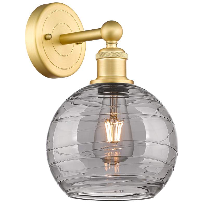 Image 1 Edison Athens 12.13"H Round Backplate Gold Sconce w/ Smoke Swirl Shade