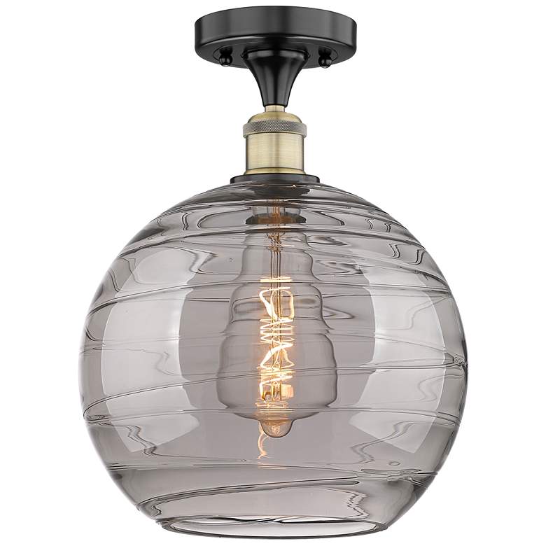 Image 1 Edison Athens 12"W Black Antique Brass Semi-Flush w/ Smoke Swirl Shade