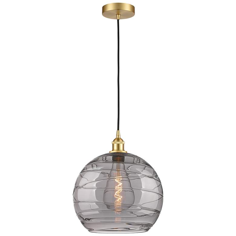 Image 1 Edison Athens 13.75"W Satin Gold Corded Pendant w/ Smoke Swirl Shade