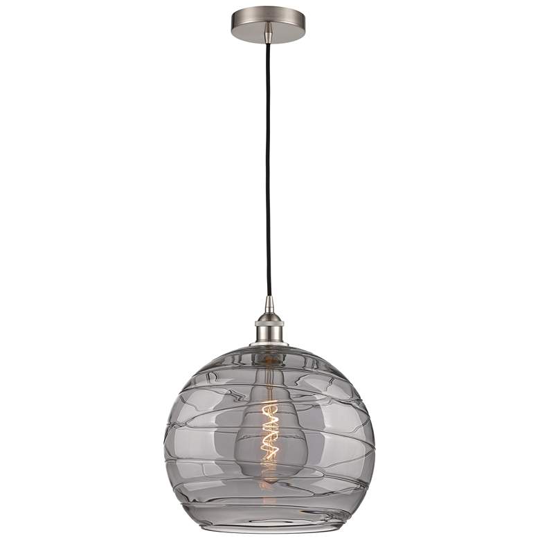 Image 1 Edison Athens 13.75"W Satin Nickel Corded Pendant w/ Smoke Swirl Shade