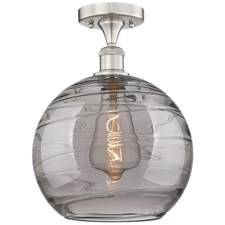 Image 1 Edison Athens 13.75"W Satin Nickel Semi-Flush Mount w/ Smoke Swirl Sha