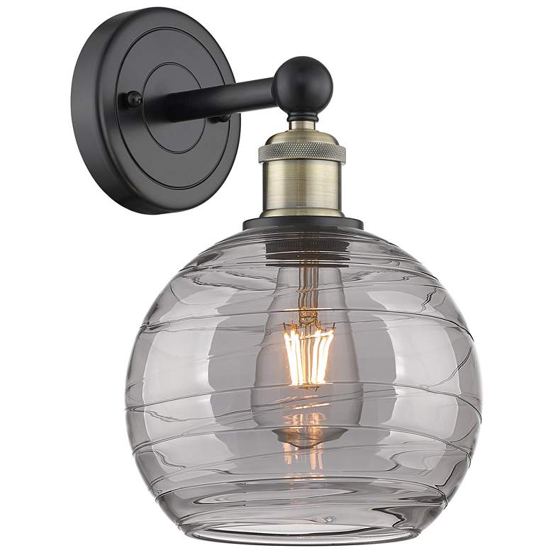 Image 1 Edison Athens 13"H Round Backplate Black Brass Sconce w/ Smoke Swirl S