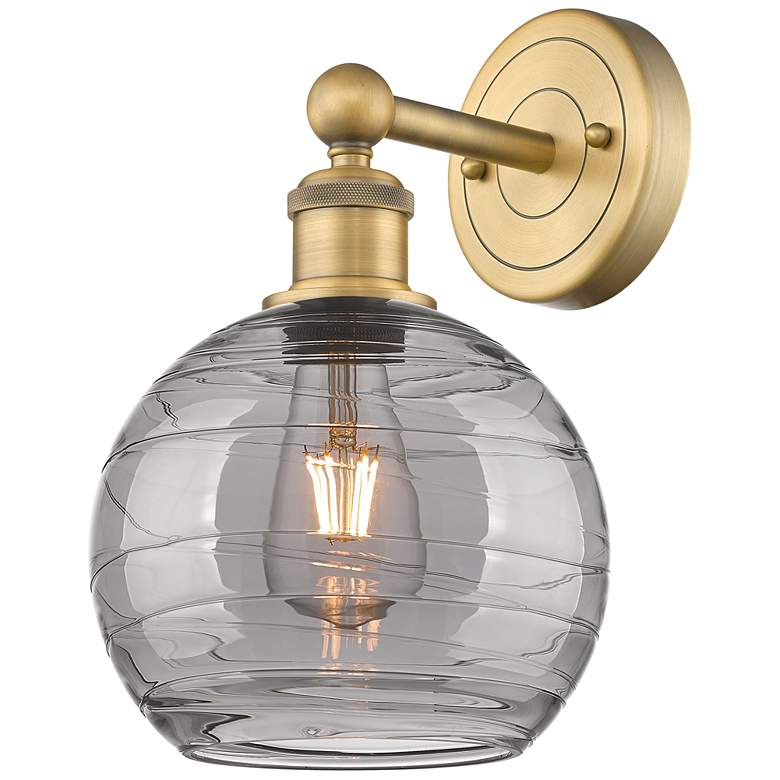 Image 1 Edison Athens 13"H Round Plate Brushed Brass Sconce w/ Smoke Swirl Sha