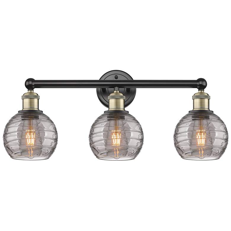 Image 1 Edison Athens 23.88"W 3 Light Black Brass Bath Light w/ Smoke Swirl Sh