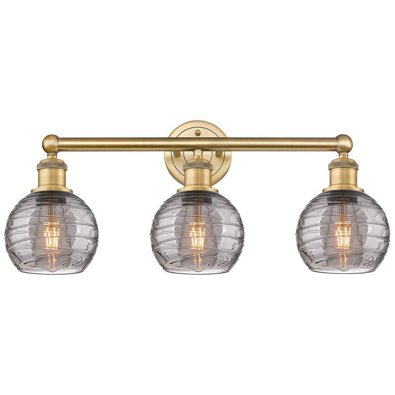 Image 1 Edison Athens 23.88"W 3 Light Brushed Brass Bath Light w/ Smoke Swirl