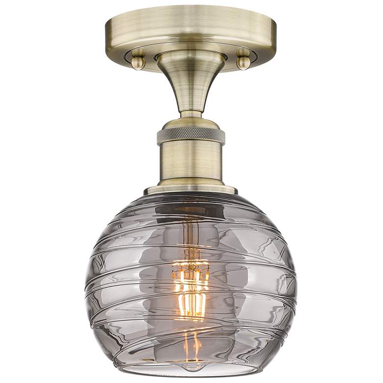 Image 1 Edison Athens 5.88"W Antique Brass Semi-Flush Mount w/ Smoke Swirl Sha