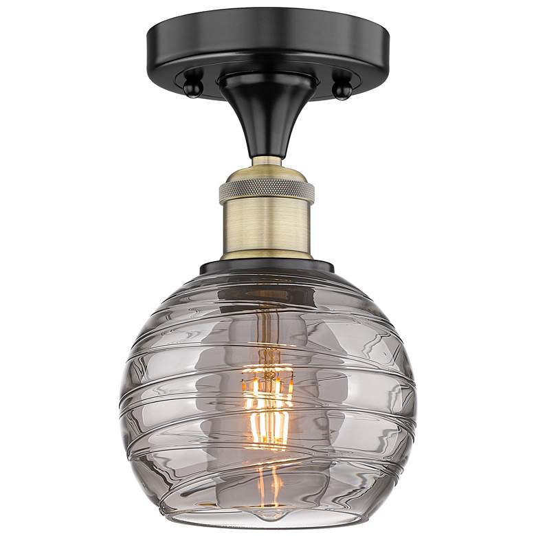 Image 1 Edison Athens 5.88"W Black Antique Brass Semi-Flush w/ Smoke Swirl Sha