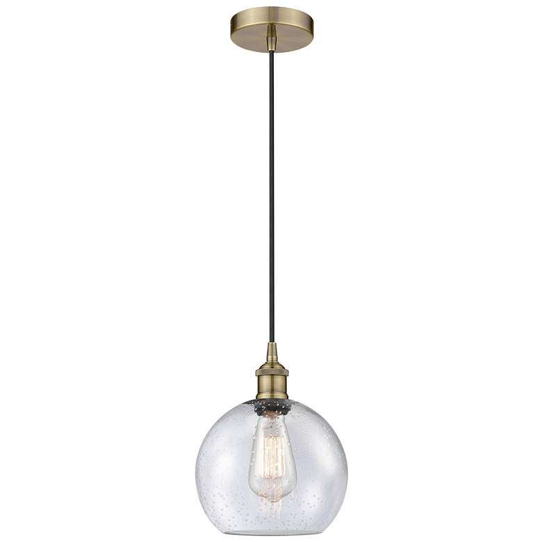 Image 1 Edison Athens 8" Antique Brass Cord Hung Mini Pendant w/ Seedy Shade