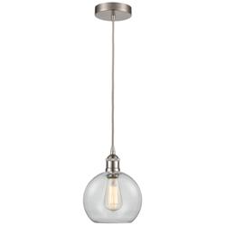Edison Athens 8" Brushed Satin Nickel Cord Hung Mini Pendant w/ Clear