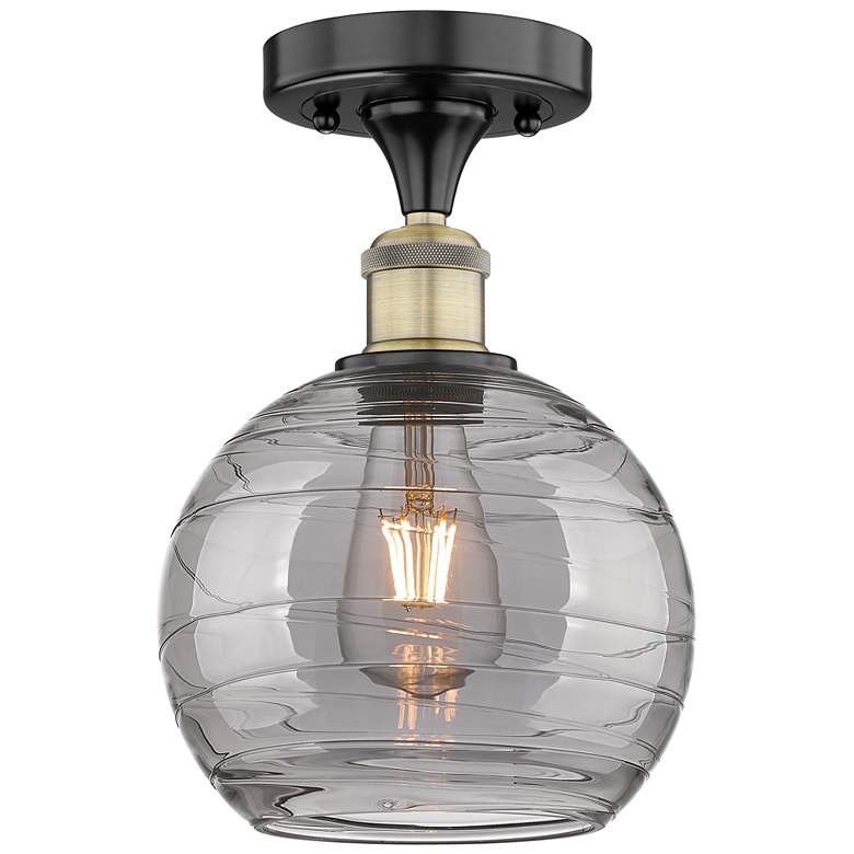 Image 1 Edison Athens 8"W Black Antique Brass Semi-Flush Mount w/ Smoke Swirl