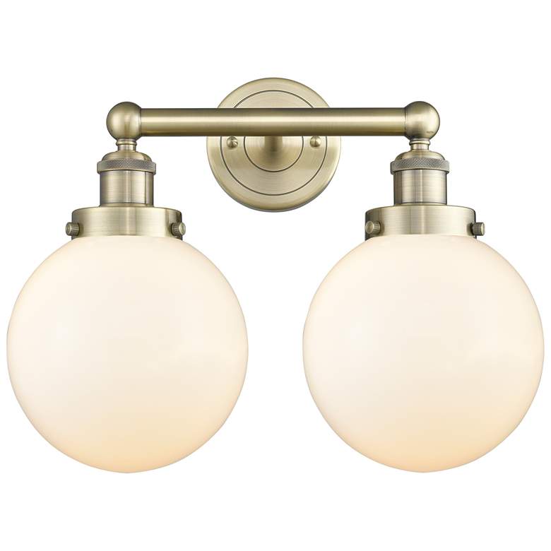 Image 1 Edison Beacon 15.5 inchW 2 Light Antique Brass Bath Light With White Shade