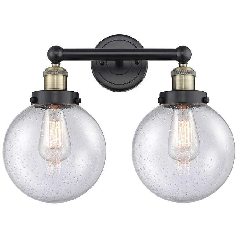 Image 1 Edison Beacon 15.5"W 2 Light Black Brass Bath Light With Seedy Shade