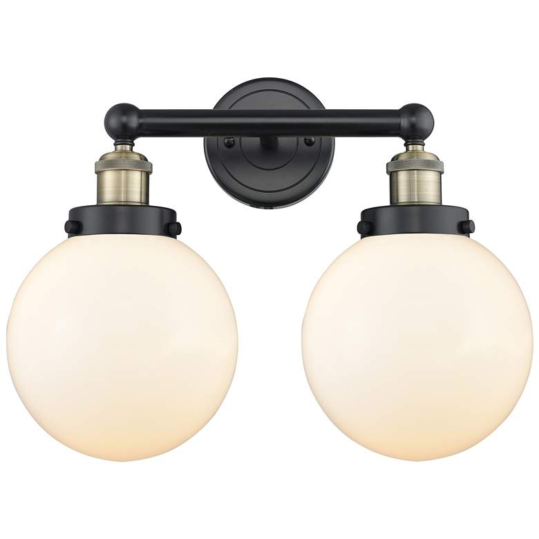 Image 1 Edison Beacon 15.5"W 2 Light Black Brass Bath Light With White Shade