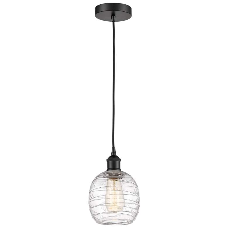 Image 1 Edison Belfast 6" Matte Black Cord Hung Mini Pendant w/ Deco Swirl Sha
