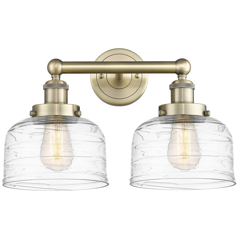 Image 1 Edison Bell 15.5"W 2 Light Antique Brass Bath Light With Deco Swirl Sh