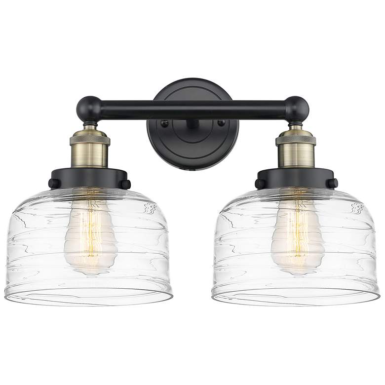 Image 1 Edison Bell 15.5 inchW 2 Light Black Brass Bath Light With Deco Swirl Shad