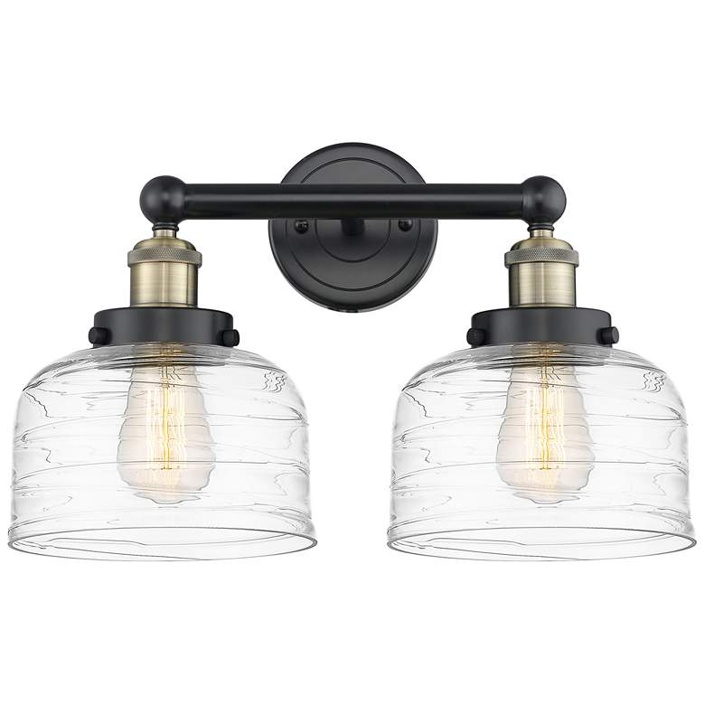 Image 1 Edison Bell 15.5"W 2 Light Black Brass Bath Light With Deco Swirl Shad