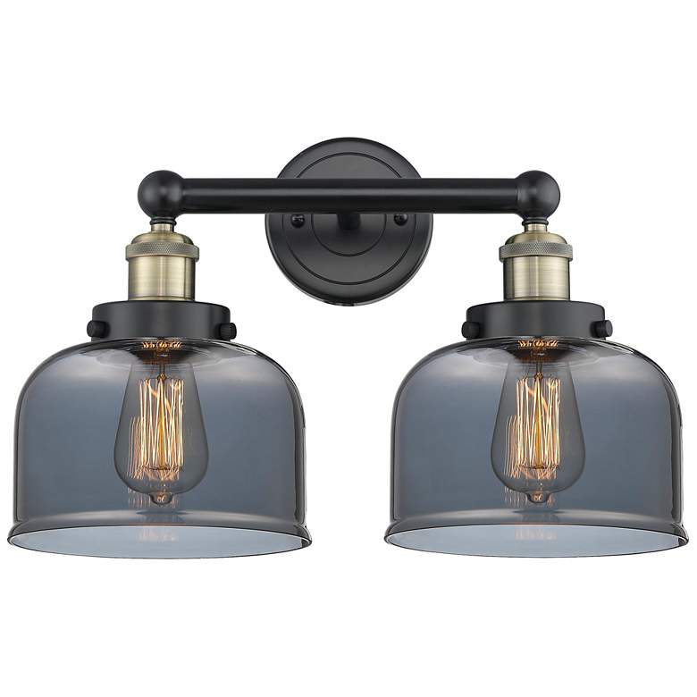 Image 1 Edison Bell 15.5"W 2 Light Black Brass Bath Light With Plated Smoke Sh