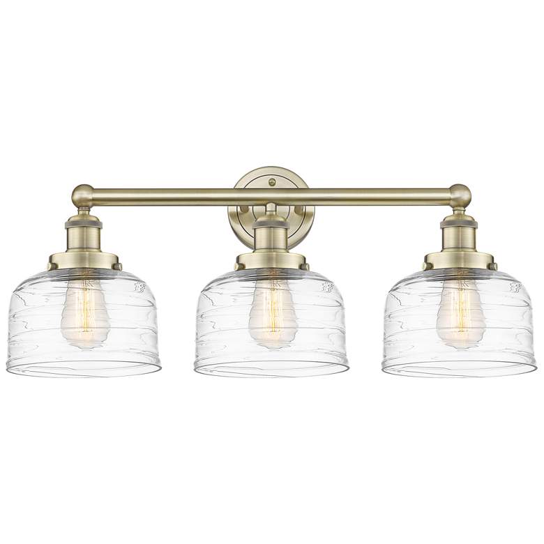 Image 1 Edison Bell 24.5"W 3 Light Antique Brass Bath Light With Deco Swirl Sh