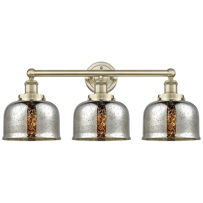 Image 1 Edison Bell 24.5"W 3 Light Antique Brass Bath Light With Mercury Shade