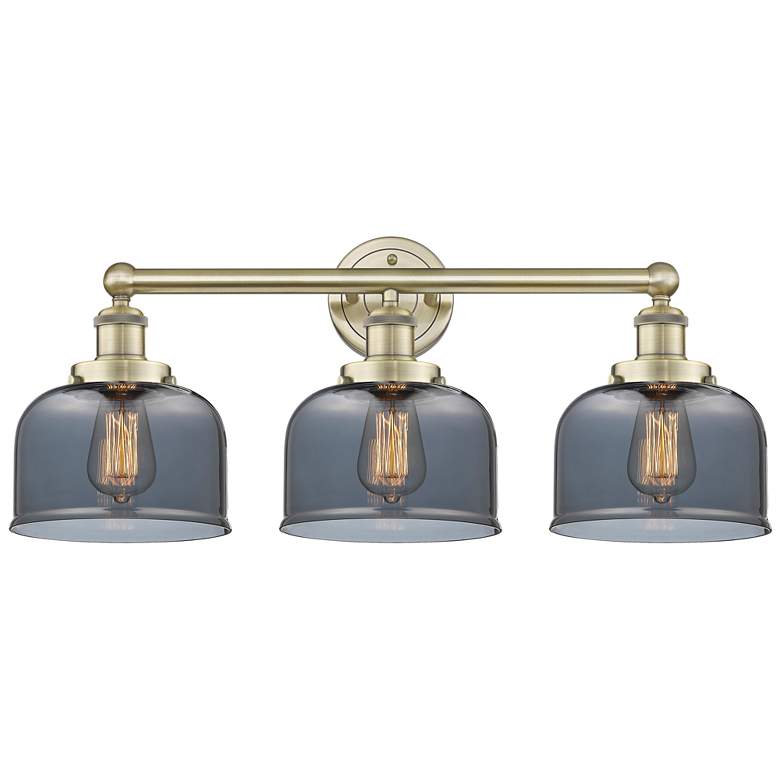 Image 1 Edison Bell 24.5"W 3 Light Antique Brass Bath Light With Plated Smoke