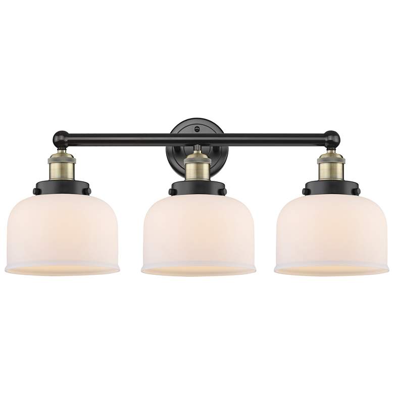 Image 1 Edison Bell 24.5"W 3 Light Black Antique Brass Bath Light With White S