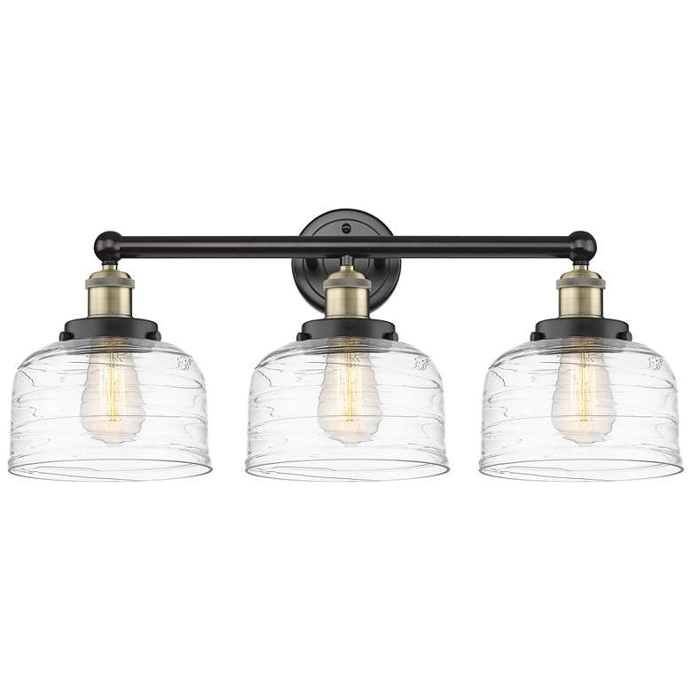 Image 1 Edison Bell 24.5"W 3 Light Black Brass Bath Light With Deco Swirl Shad