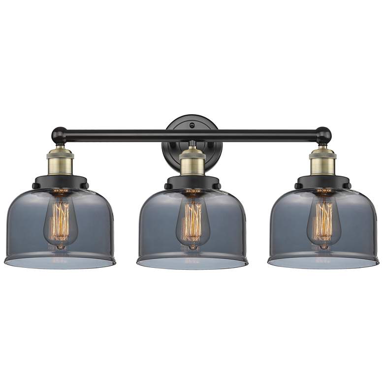 Image 1 Edison Bell 24.5"W 3 Light Black Brass Bath Light With Plated Smoke Sh