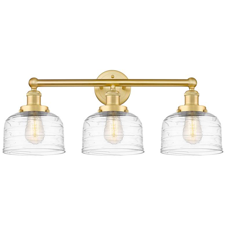 Image 1 Edison Bell 24.5"W 3 Light Satin Gold Bath Light With Deco Swirl Shade