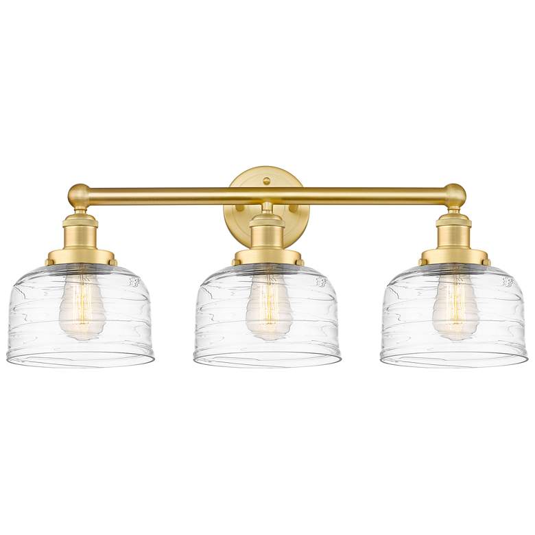 Image 1 Edison Bell 24.5"W 3 Light Satin Gold Bath Light With Deco Swirl Shade