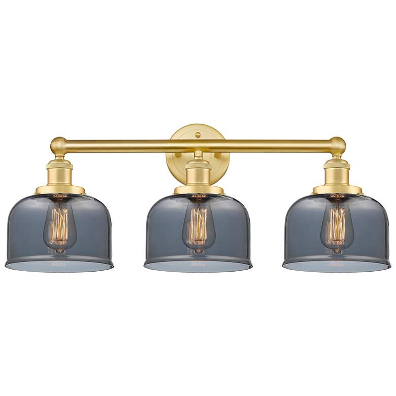 Image 1 Edison Bell 24.5"W 3 Light Satin Gold Bath Light With Plated Smoke Sha