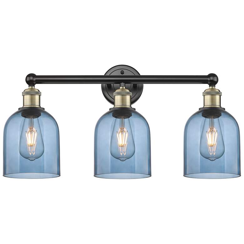 Image 1 Edison Bella 23.5"W 3 Light Black Antique Brass Bath Light w/ Blue Sha
