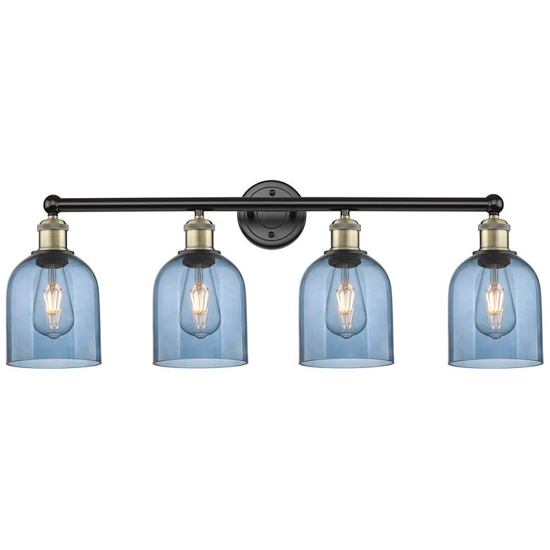 Image 1 Edison Bella 32.5"W 4-Light Black Brass Bath Vanity Light w/ Blue Shad