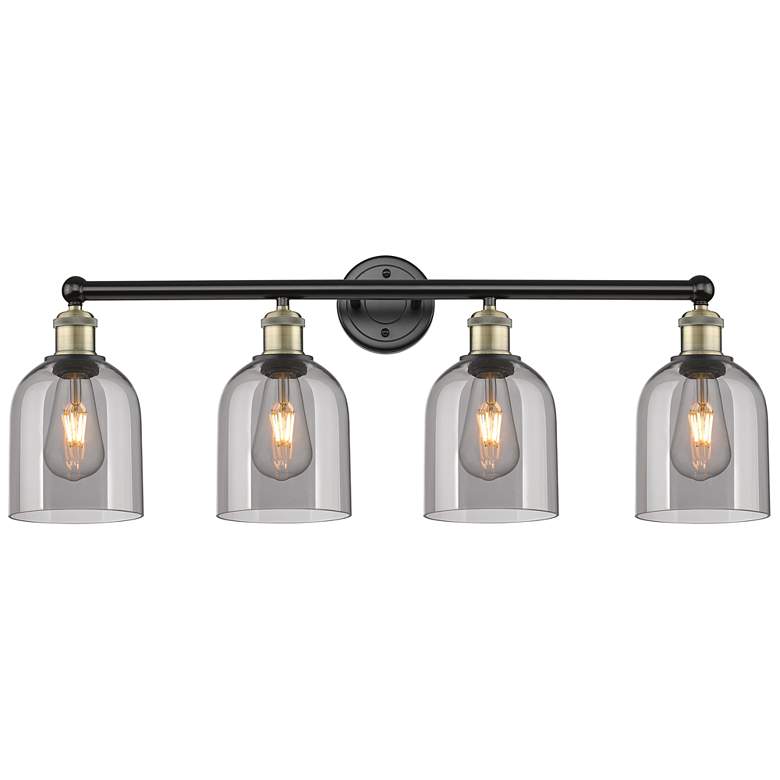 Image 1 Edison Bella 32.5"W 4-Light Black Brass Bath Vanity Light w/ Smoke Sha