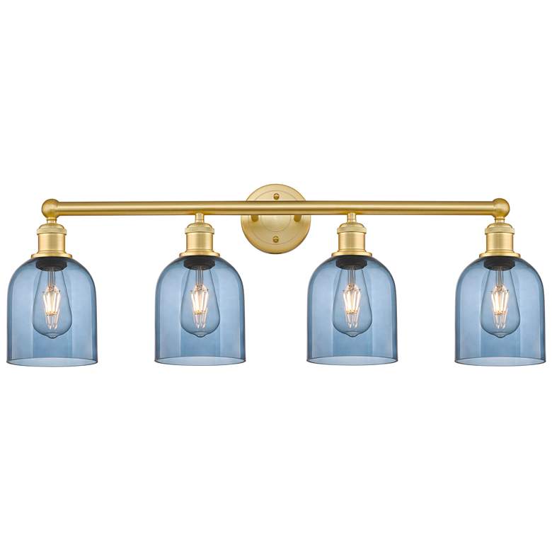 Image 1 Edison Bella 32.5"W 4-Light Satin Gold Bath Vanity Light w/ Blue Shade