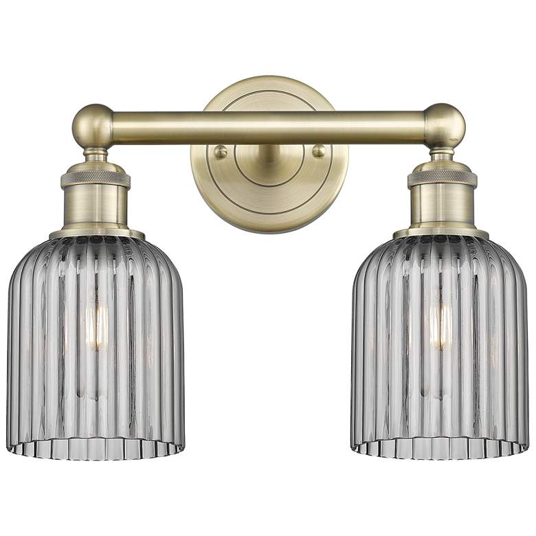 Image 1 Edison Bridal Veil 2 Light 14" Bath Vanity Antique Brass Light Smoke Shade