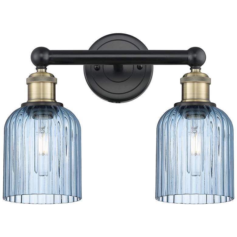 Image 1 Edison Bridal Veil 2 Light 14" Bath Vanity Black Brass Princess Blue Shade