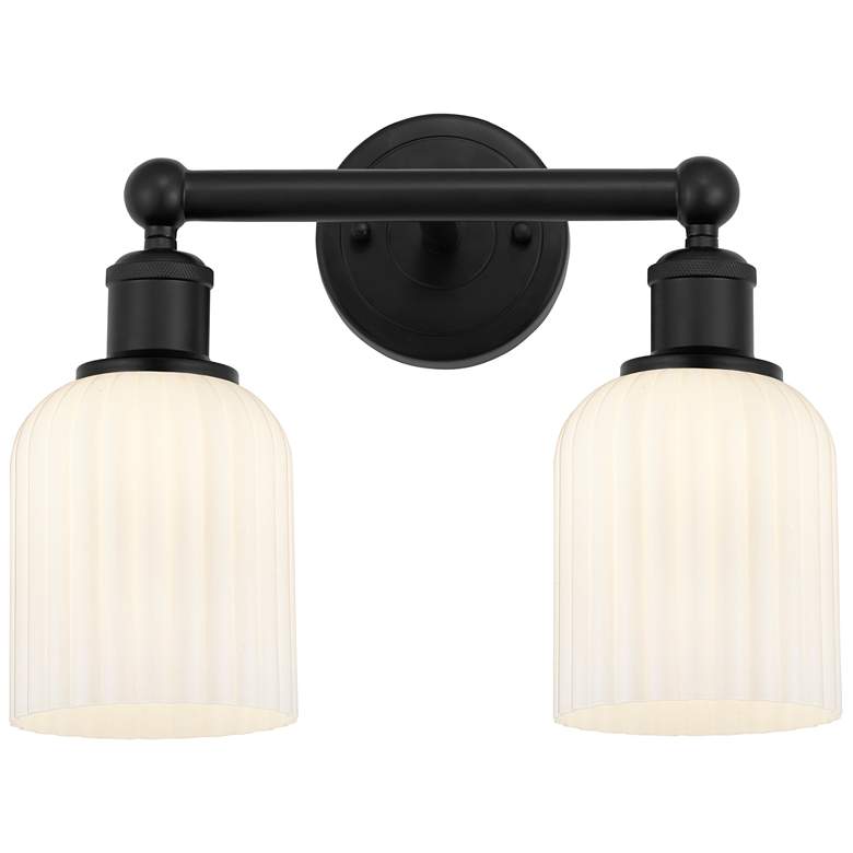 Image 1 Edison Bridal Veil 2 Light 14" Bath Vanity Matte Black Gloss White Shade