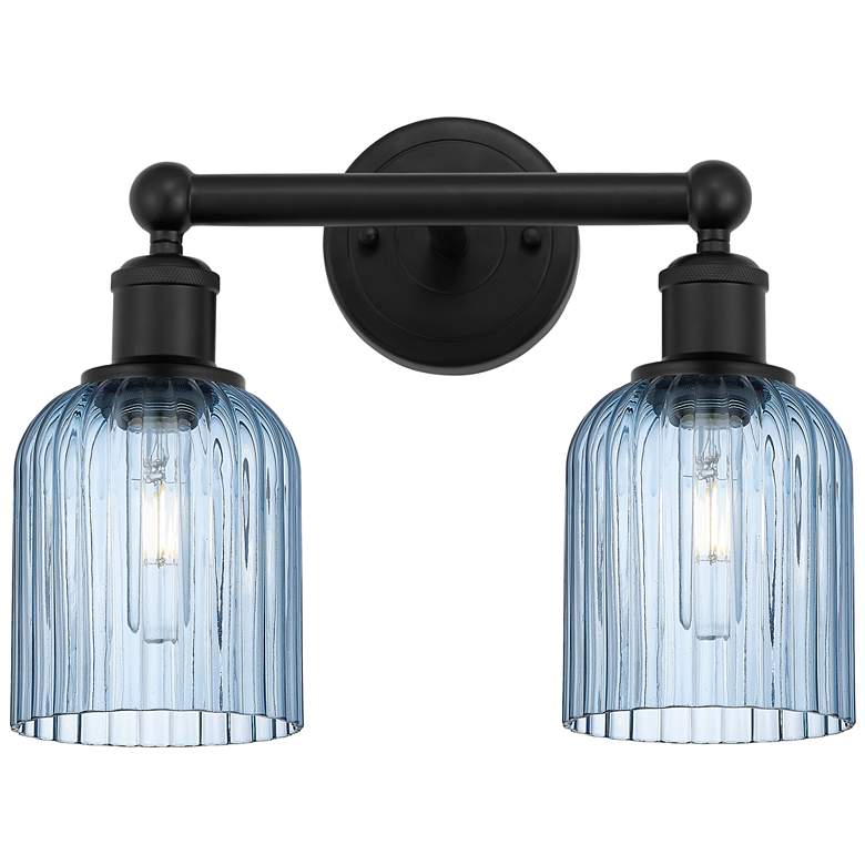 Image 1 Edison Bridal Veil 2 Light 14" Bath Vanity Matte Black Princess Blue Shade