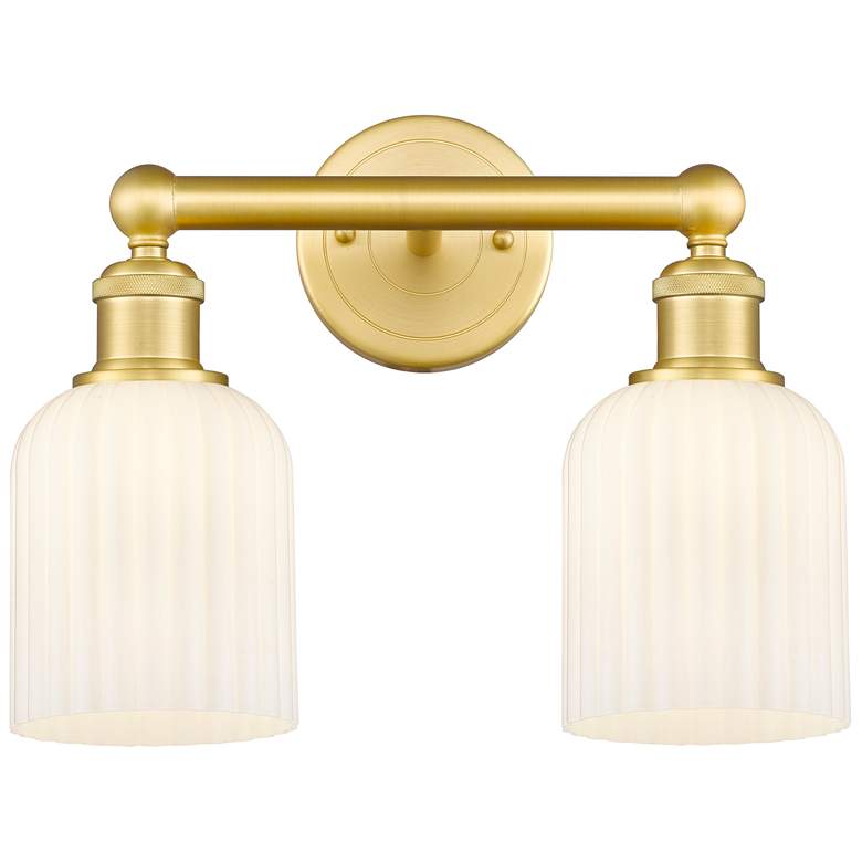 Image 1 Edison Bridal Veil 2 Light 14" Bath Vanity Satin Gold Gloss White Shade