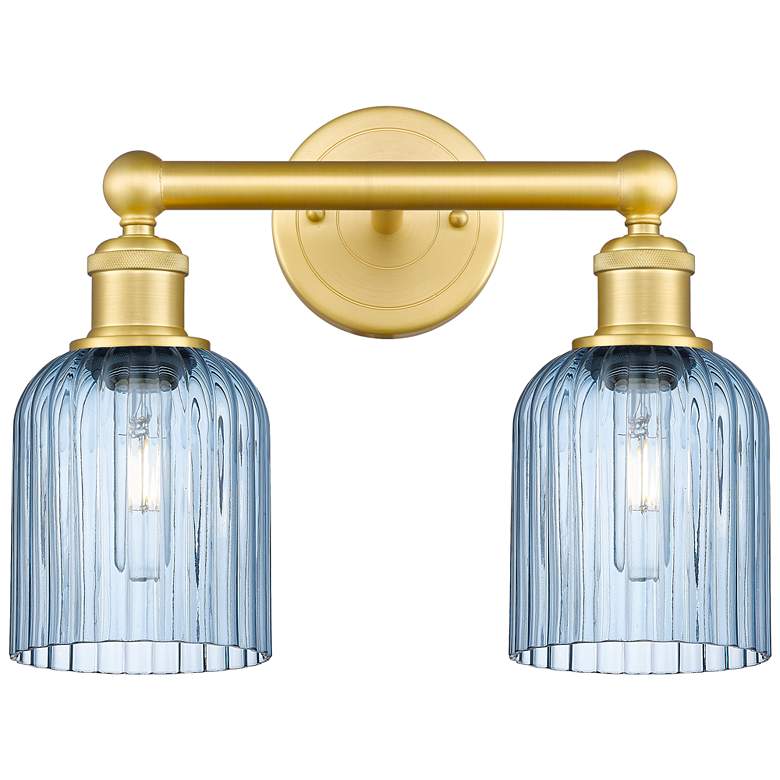 Image 1 Edison Bridal Veil 2 Light 14" Bath Vanity Satin Gold Princess Blue Shade