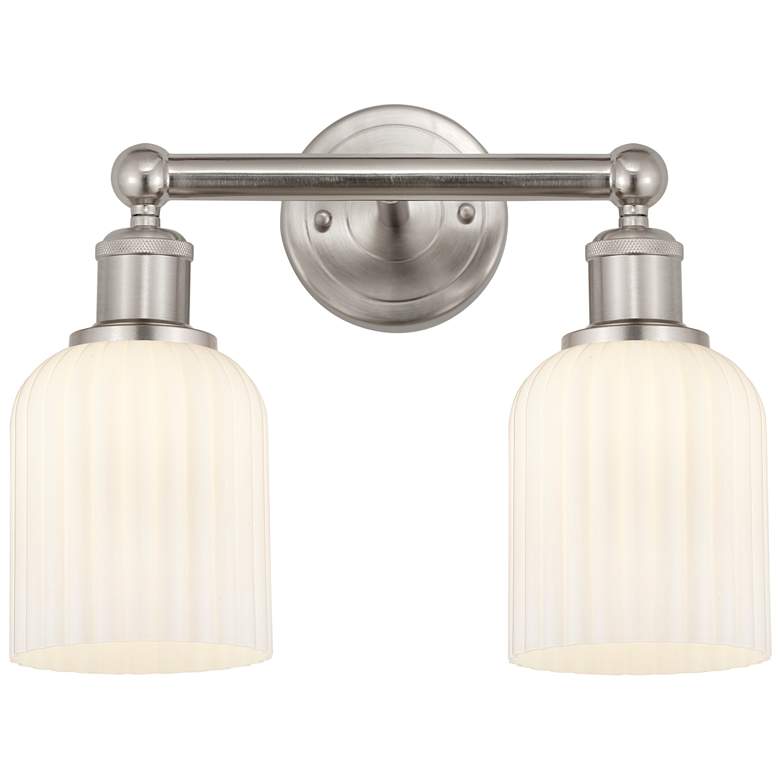 Image 1 Edison Bridal Veil 2 Light 14" Bath Vanity Satin Nickel Gloss White Shade