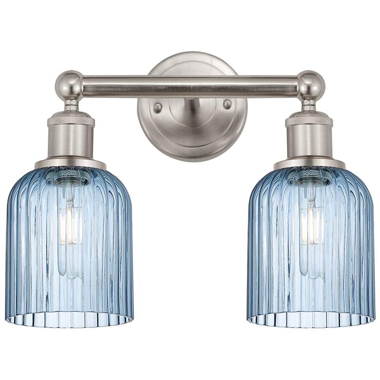 Image 1 Edison Bridal Veil 2 Light 14" Bath Vanity Satin Nickel Princess Blue Shade