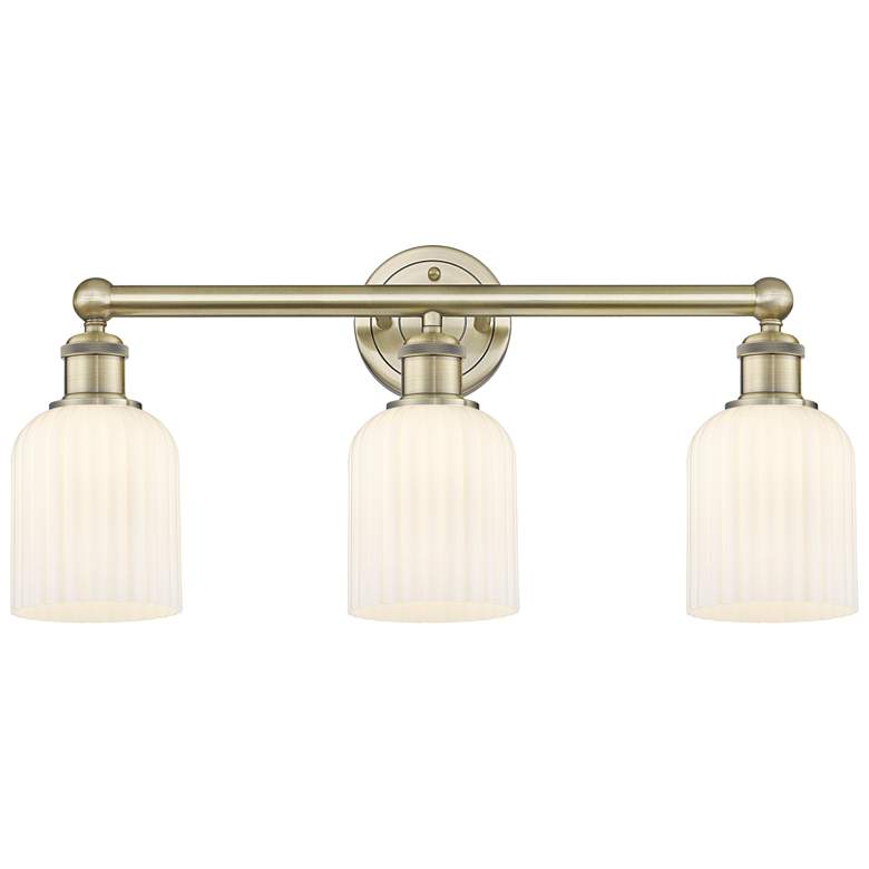 Image 1 Edison Bridal Veil 3 Light 23" Bath Vanity Antique Brass Gloss White Shade