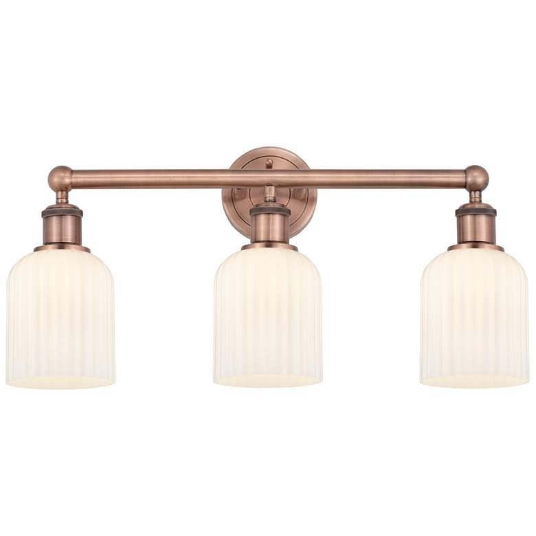 Image 1 Edison Bridal Veil 3 Light 23" Bath Vanity Antique Copper Gloss White Shade