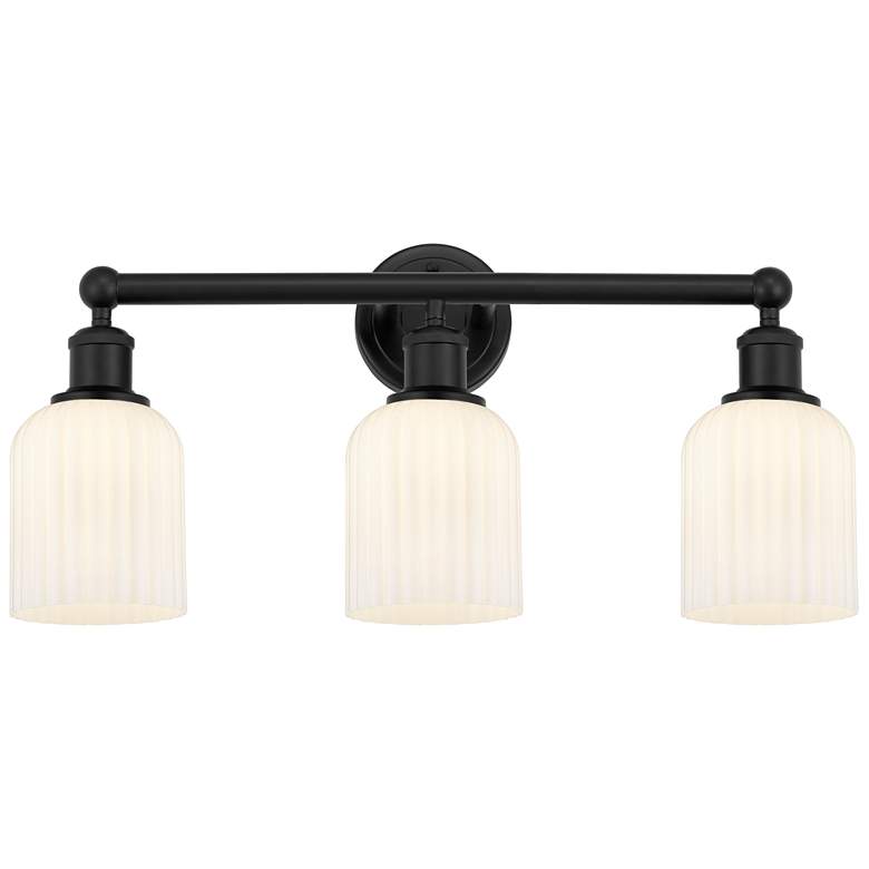 Image 1 Edison Bridal Veil 3 Light 23" Bath Vanity Matte Black Gloss White Shade